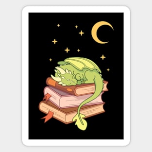 Little green dragon sleeping on a stack of books Magnet